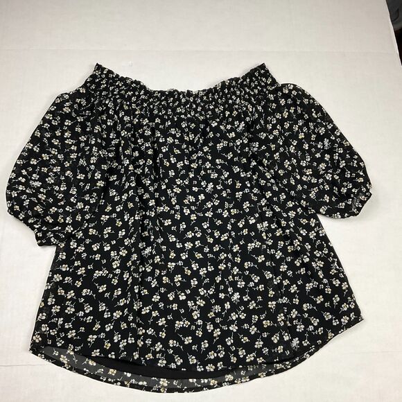 Pleione Blouse Floral Print Off The Shoulder Smocked Short Sleeve Shirt LARGE - Picture 6 of 11